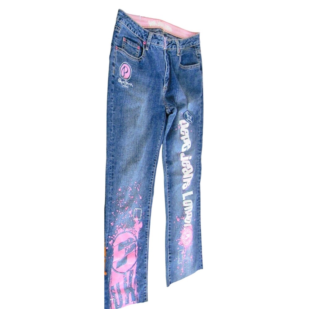 Vintage Y2K Pepe Jeans London Women 31 Pink Painted Graphic Cut Off Jeans Blue